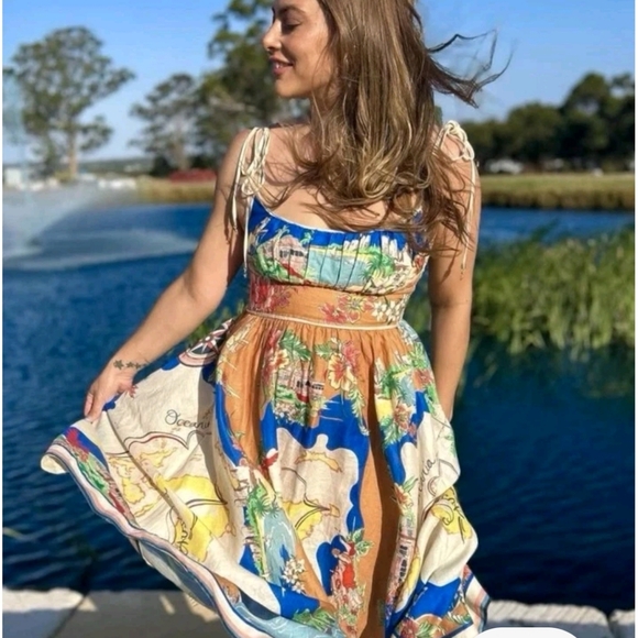 Christian Lacroix Nautical Map Print Linen Blend Women's Summer Dress Medium - Picture 1 of 11